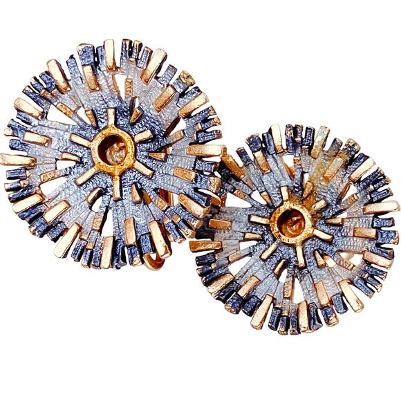 VTG Clip On Earrings Mid Century Atomic Gold Tone Starburst Mixed Metal 1950 60s - Picture 1 of 10